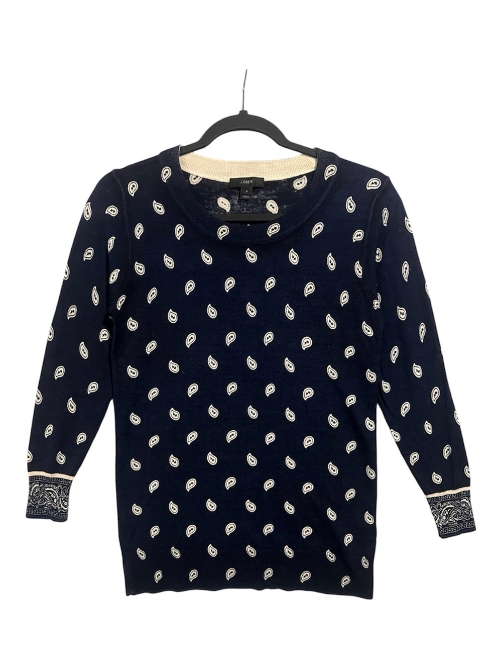 J.Crew Bandana Printed Tippi Sweater Women’s Small Navy Beige Paisley Wool H7144